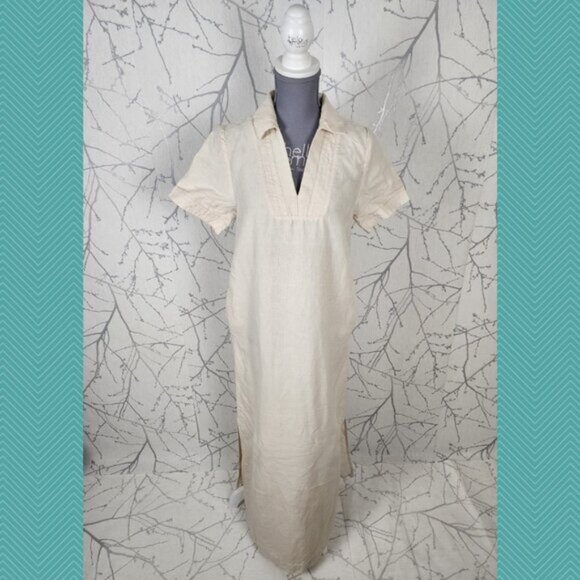 Banana Republic Oatmeal Beige 100% Linen Side Slit Maxi Shirt Dress - Picture 2 of 6